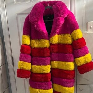 Vibrant Striped Faux Fur Coat